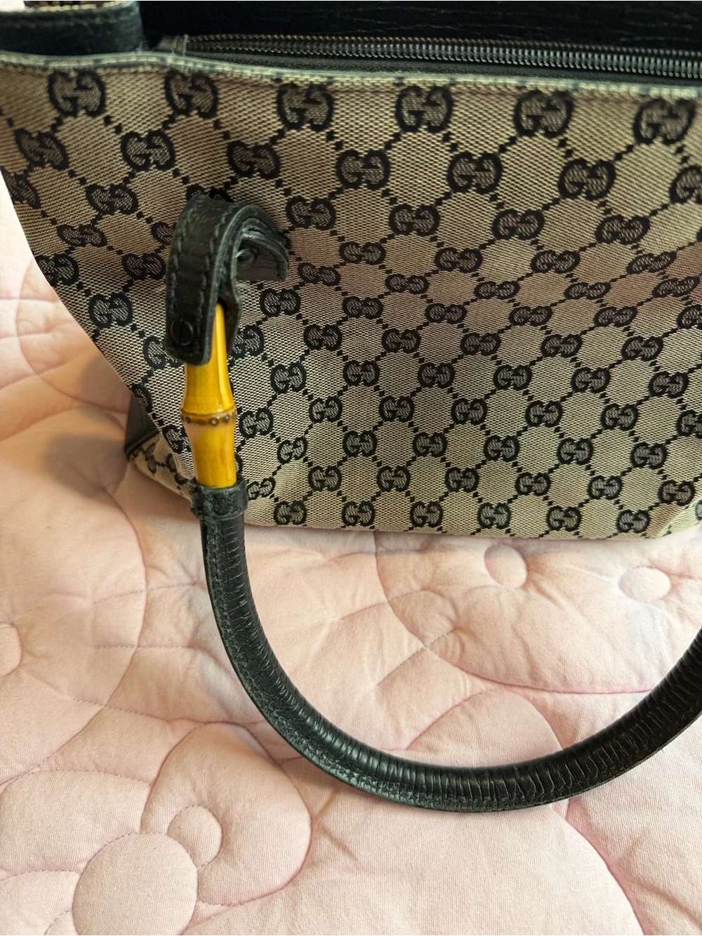 Gucci Black & Grey GG Canvas Tote with Bamboo Accents